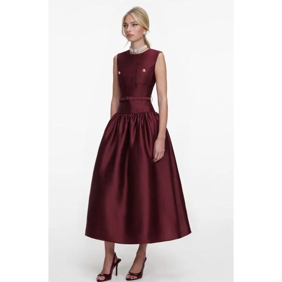 Self-Portrait Burgundy Taffeta Midi Dress US 4 - Picture 3 of 12